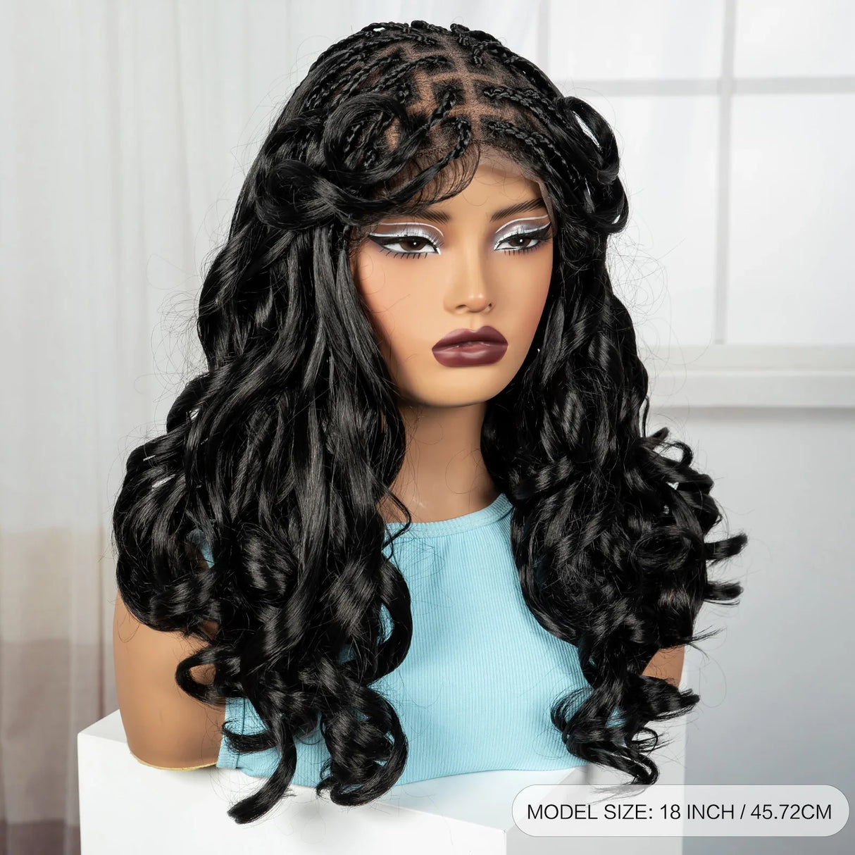 18" Bouncy Wavy Knotless Braids Wig | Full Lace | Bangs | Baby Hair