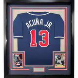 Camiseta de béisbol azul Atlanta de Ronald Acuña Jr., enmarcada, autografiada y firmada, 35 x 39, JSA COA