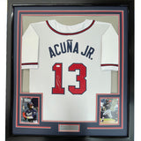 Framed Autographed/Signed Ronald Acuna Jr. 35x39 Atlanta White Baseball Jersey JSA COA