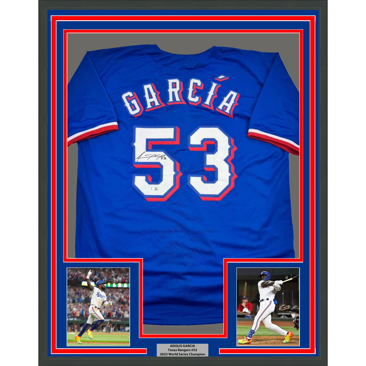 Camiseta de béisbol azul Texas de 35 x 39 de Adolis García, enmarcada, autografiada y firmada, Beckett BAS COA