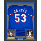Camiseta de béisbol azul Texas de 35 x 39 de Adolis García, enmarcada, autografiada y firmada, Beckett BAS COA