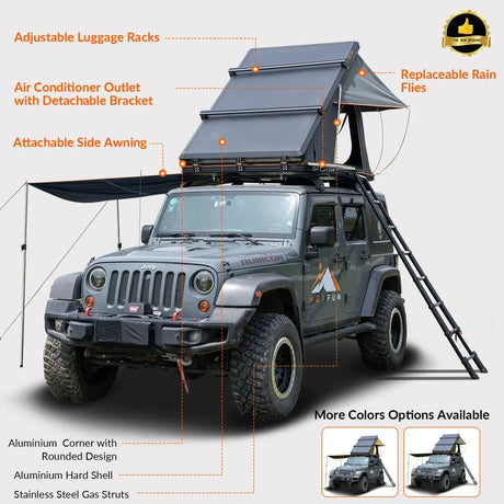 Adventurer Plus Rooftop Tent Hardshell with Side Awning, Air Conditioner Outlet with Bracket, Replaceable Rain Flies - Lootquake