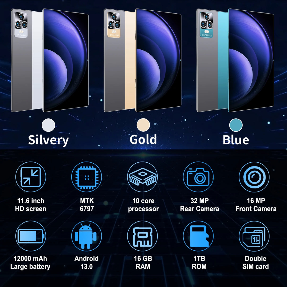 Tablette Android 13.0 de 10,36 pouces, version mondiale 2025, 16 Go de RAM, 1 To de ROM, 16 MP, 32 MP, 12 000 mAh, réseau Bluetooth, 5G, Wi-Fi