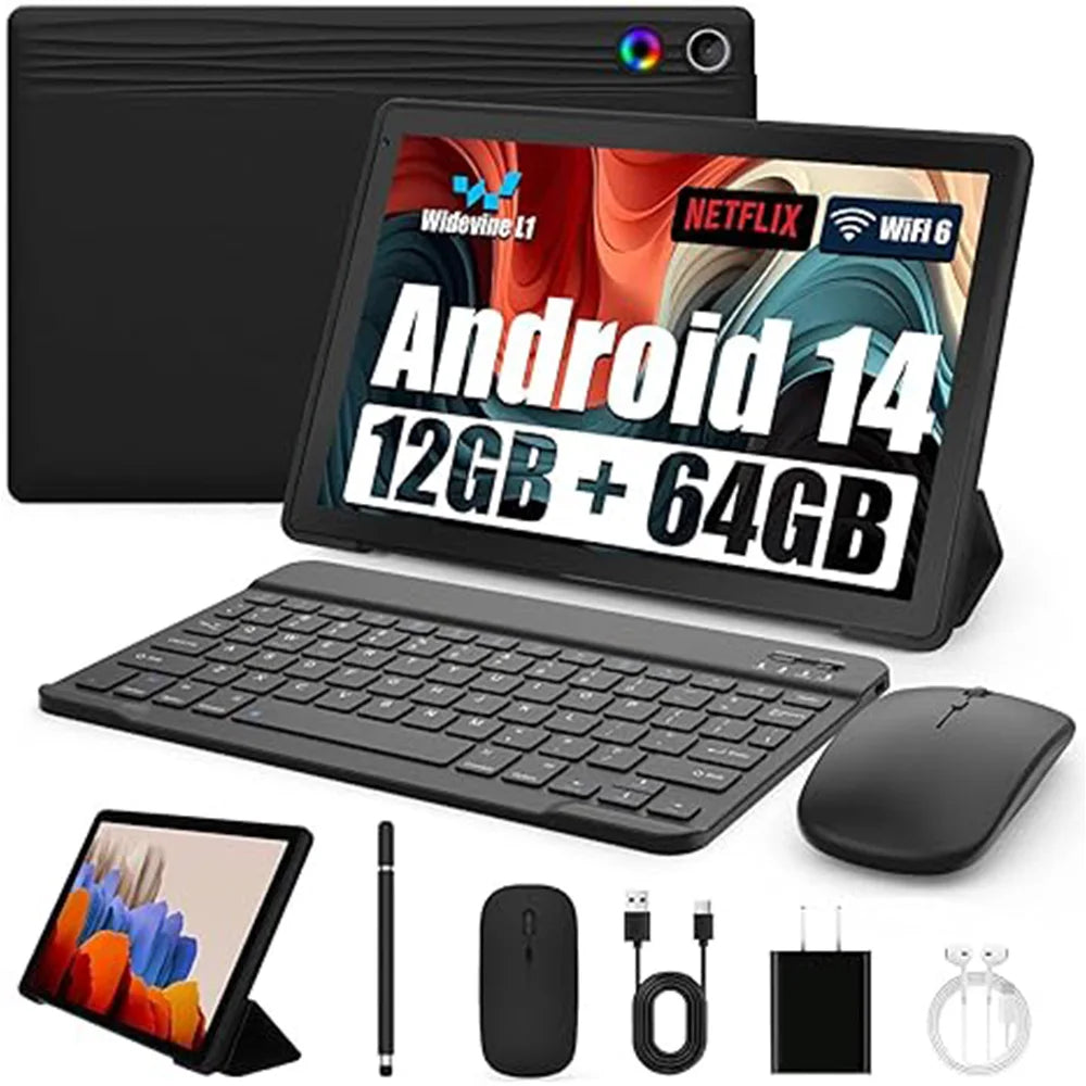 Tableta Android A10L de 10 pulgadas, 12 GB de RAM, 64 GB de ROM, pantalla táctil IPS HD con teclado, estuche, ratón y lápiz óptico, kit de tableta 8 en 1