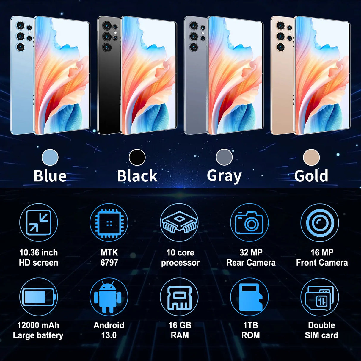 Tablette Android 13.0 de 10,36 pouces, version mondiale 2025, 16 Go de RAM, 1 To de ROM, 16 MP, 32 MP, 12 000 mAh, réseau Bluetooth, 5G, Wi-Fi