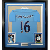 Framed Autographed/Signed Sergio Kun Aguero 35x39 Manchester City Blue Soccer Futbol Jersey Beckett BAS COA