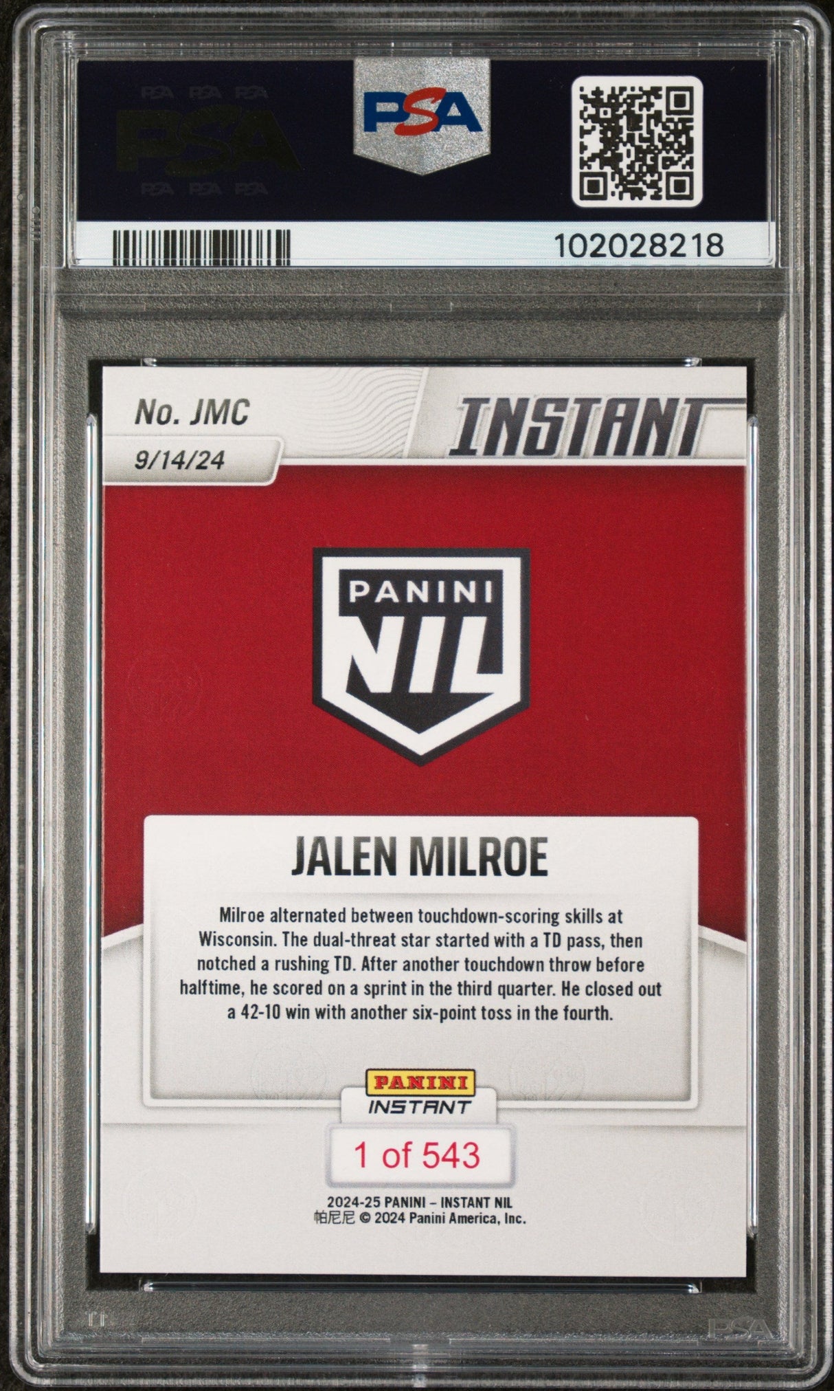 Tarjeta de fútbol RC de novato de Jalen Milroe #JMC de Panini Instant NIL 2024 PSA 9 Mint