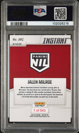 Tarjeta de fútbol RC de novato de Jalen Milroe #JMC de Panini Instant NIL 2024 PSA 9 Mint