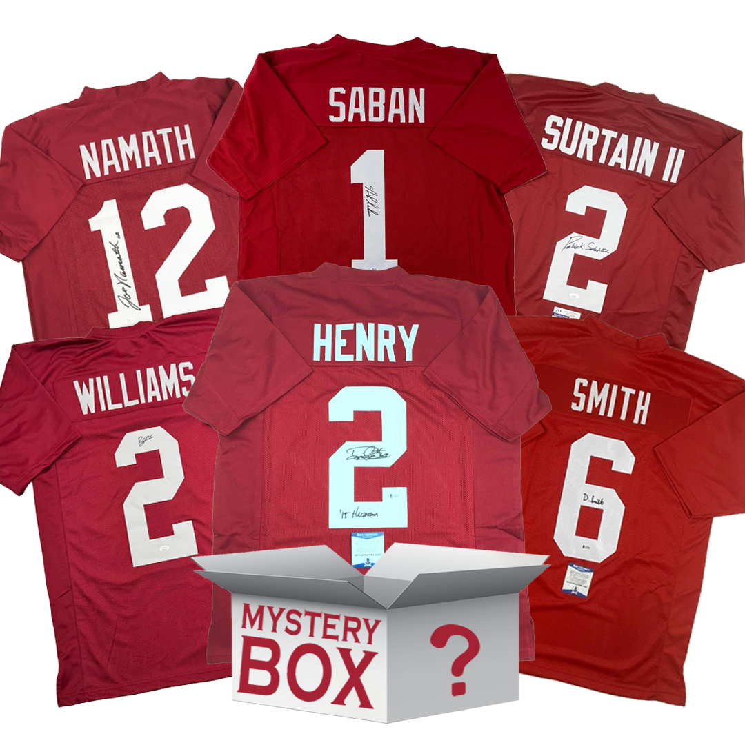 Caja misteriosa de camisetas de fútbol americano de la Universidad de Alabama autografiadas y firmadas con PSA JSA o Beckett COA 