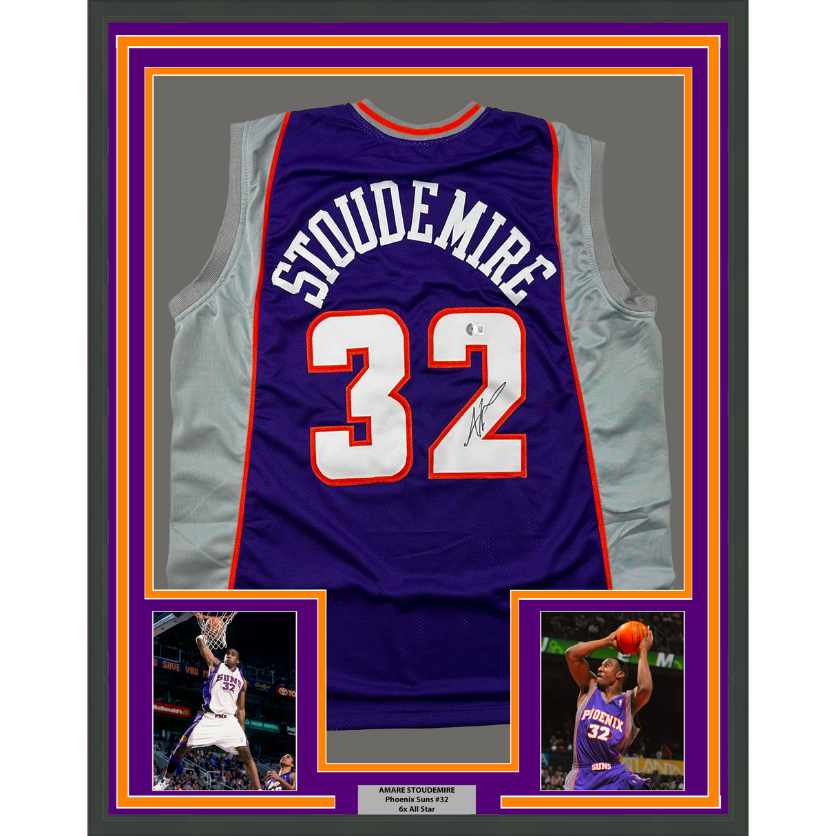 Camiseta de baloncesto morada Phoenix de Amare Stoudemire, enmarcada, autografiada y firmada, 35 x 39, Beckett BAS COA