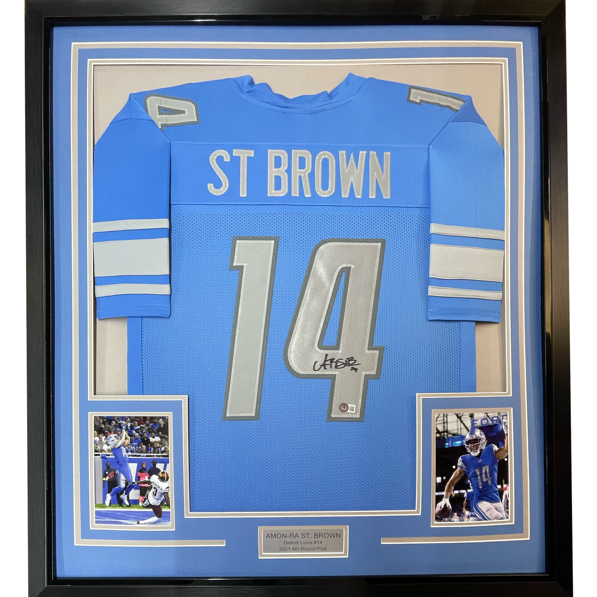 Framed Autographed/Signed Amon-Ra St. Brown 35x39 Detroit Blue Football Jersey Beckett BAS COA