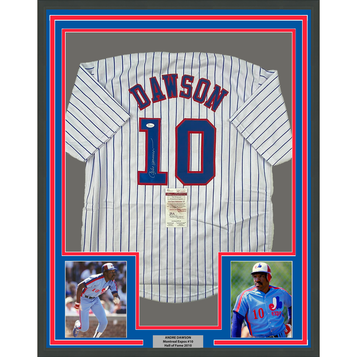 Camiseta de béisbol de rayas de Montreal, enmarcada, autografiada y firmada por Andre Dawson, 35 x 39, JSA COA