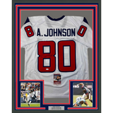 Framed Autographed/Signed Andre Johnson 35x39 Houston White Football Jersey JSA COA