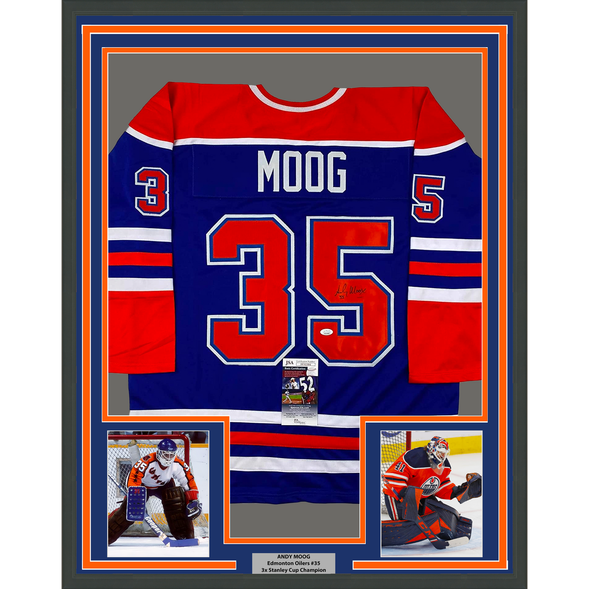 Camiseta de hockey azul Edmonton de 35 x 39, enmarcada, autografiada y firmada por Andy Moog (JSA COA)