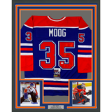 Camiseta de hockey azul Edmonton de 35 x 39, enmarcada, autografiada y firmada por Andy Moog (JSA COA)