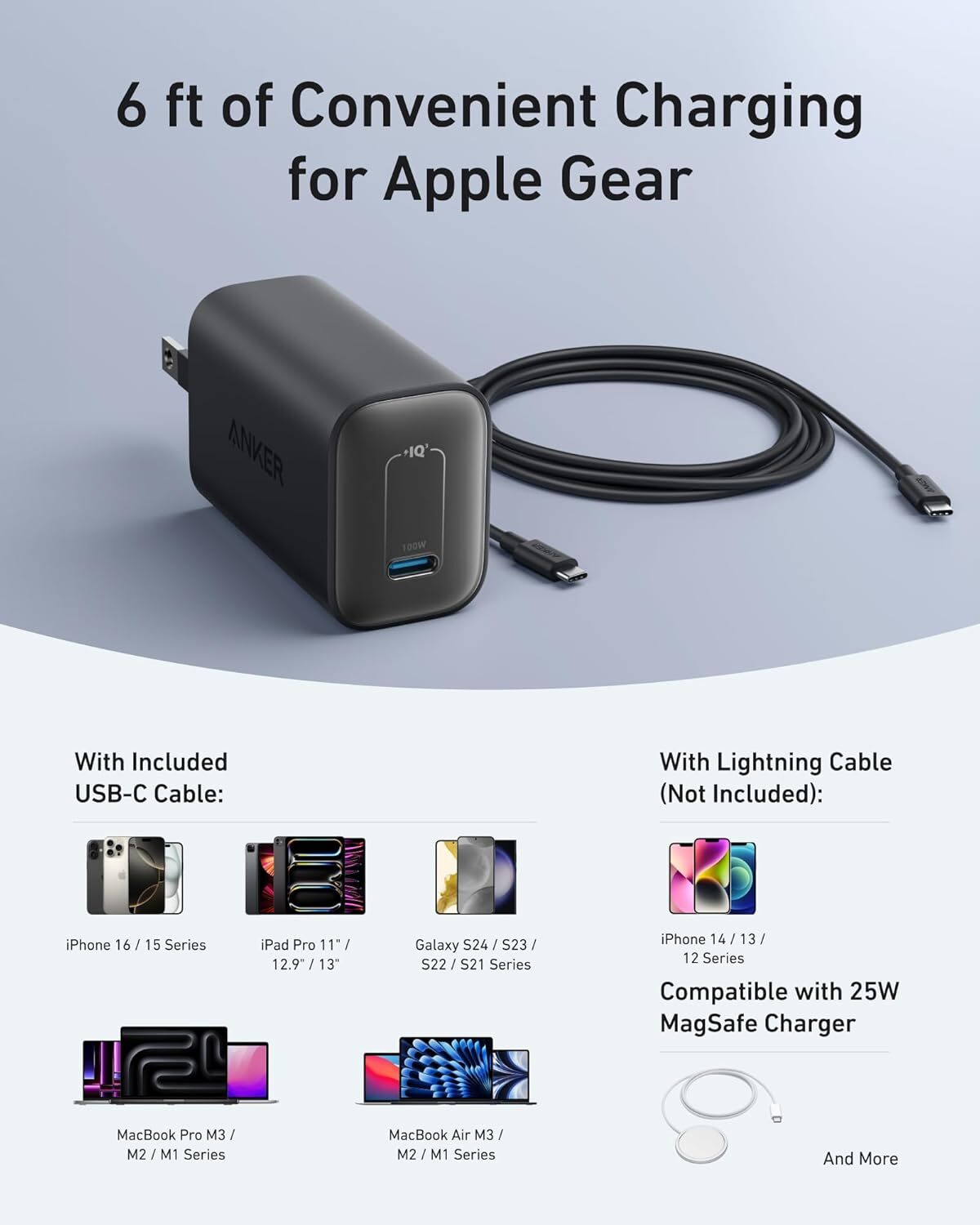 Anker Nano 100W MacBook Charger – Foldable USB-C Adapter with 6ft Cable