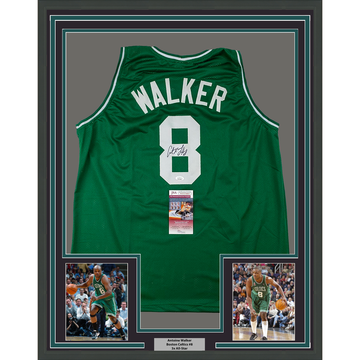 Camiseta de baloncesto verde Boston de Antoine Walker, enmarcada, autografiada y firmada, 35 x 39, JSA COA 