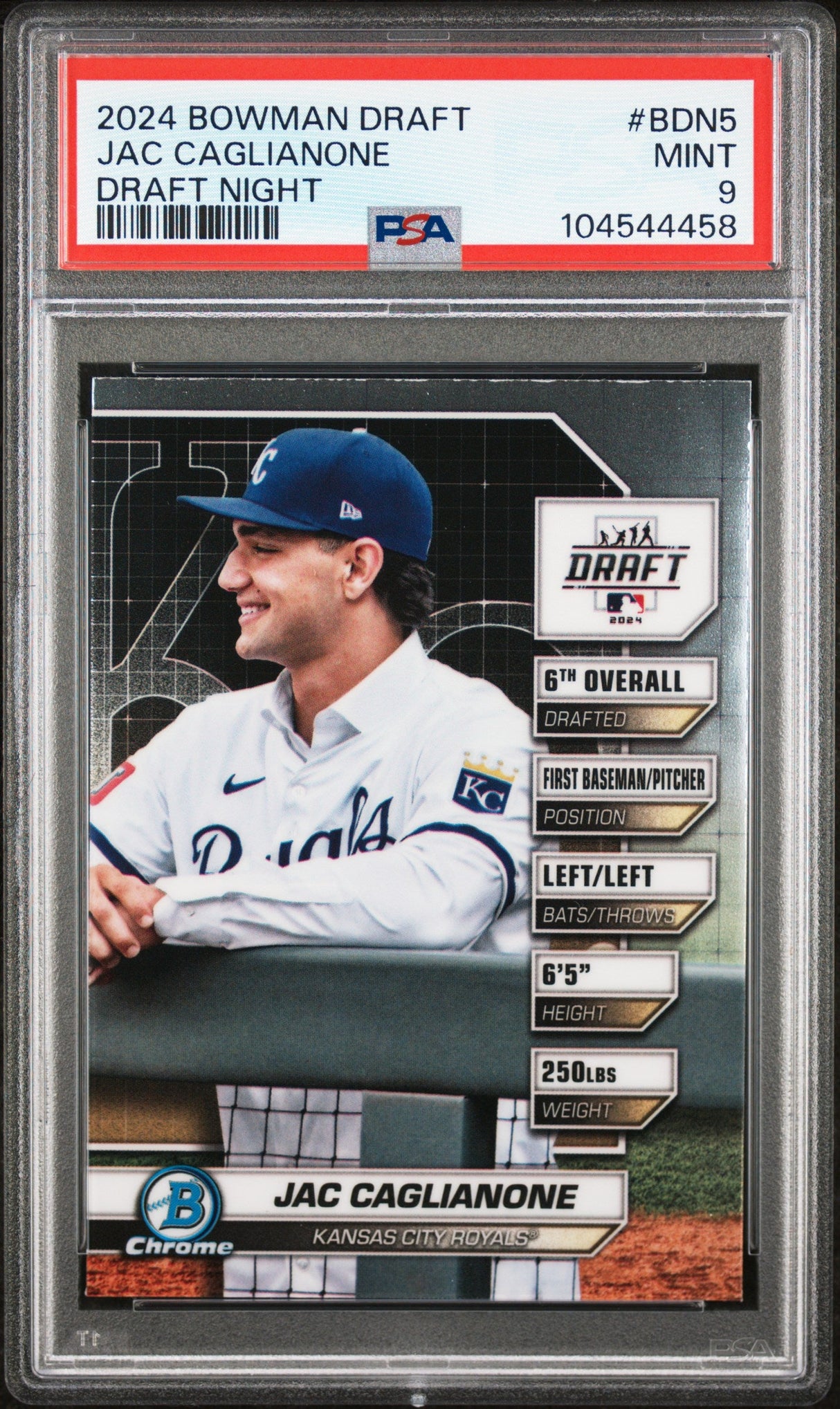 Tarjeta de béisbol RC Jac Caglianone #BDN5 Draft Night Rookie de Topps Bowman Draft 2024 PSA 9 Mint