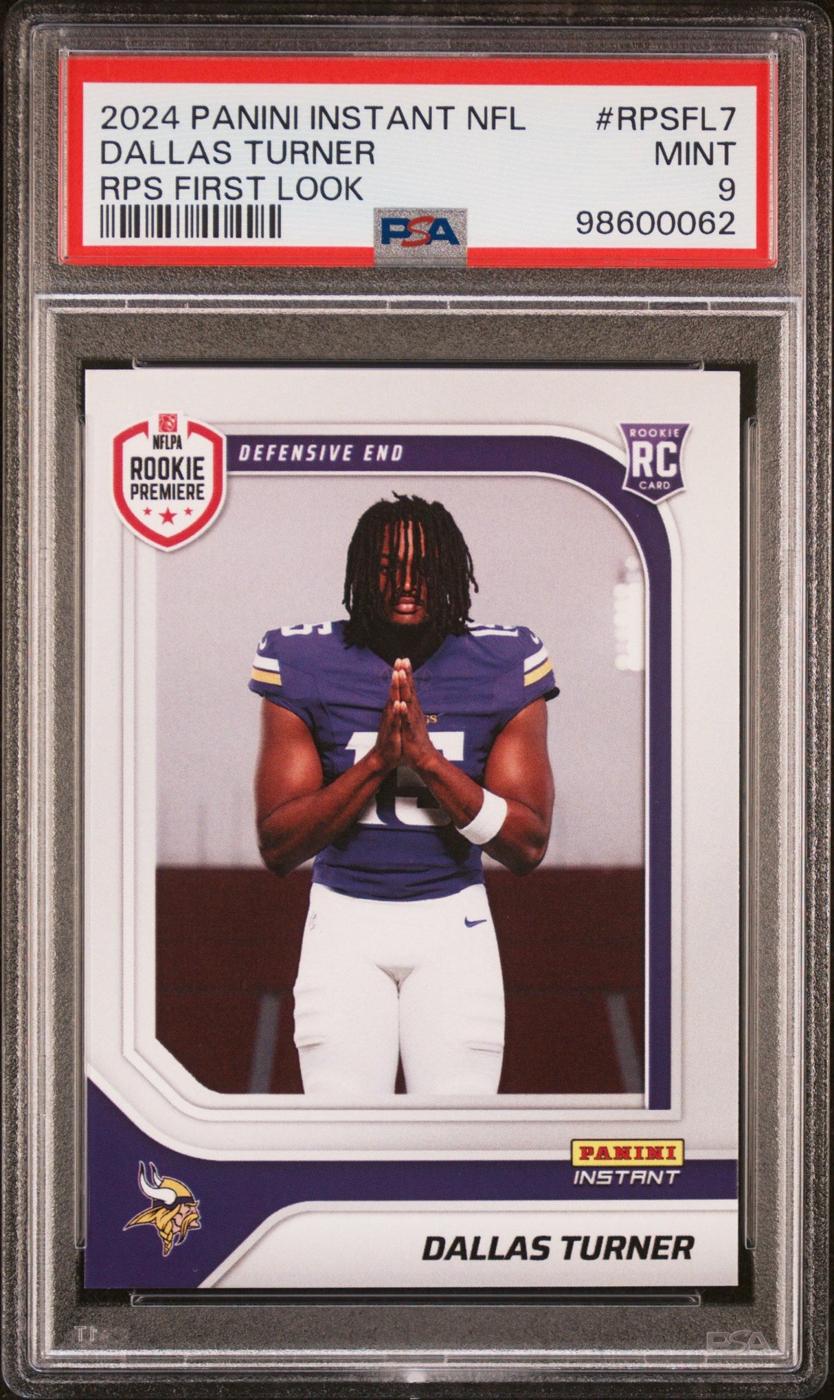 Tarjeta de fútbol americano de primera vista de Dallas Turner de la NFL, clasificada en 2024, número RPSFL7, PSA 9 Mint