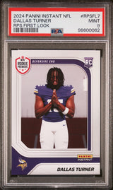 Tarjeta de fútbol americano de primera vista de Dallas Turner de la NFL, clasificada en 2024, número RPSFL7, PSA 9 Mint