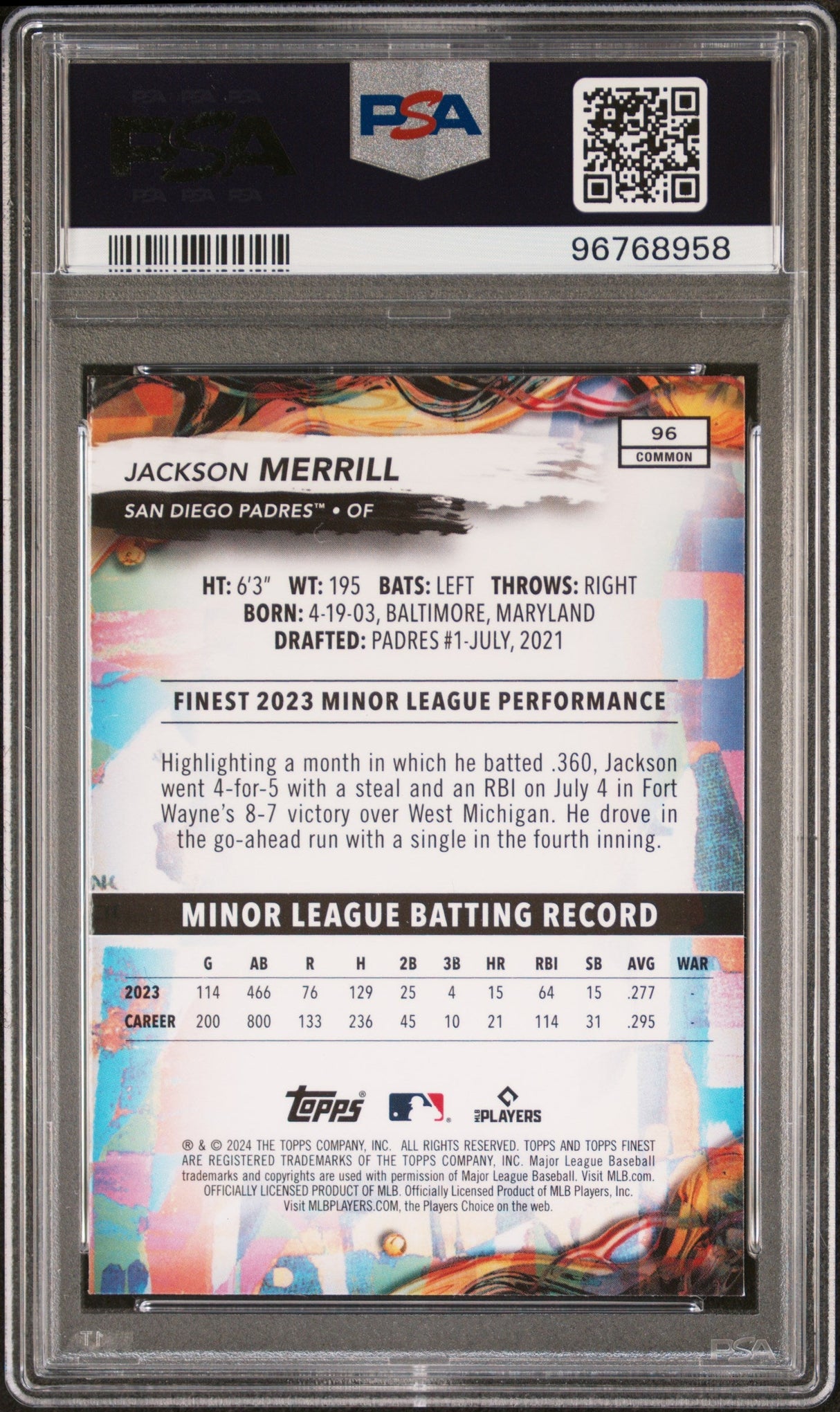 Tarjeta de béisbol Jackson Merrill #96 Rookie RC, clasificada como Topps Finest 2024, PSA 10 Gem Mint