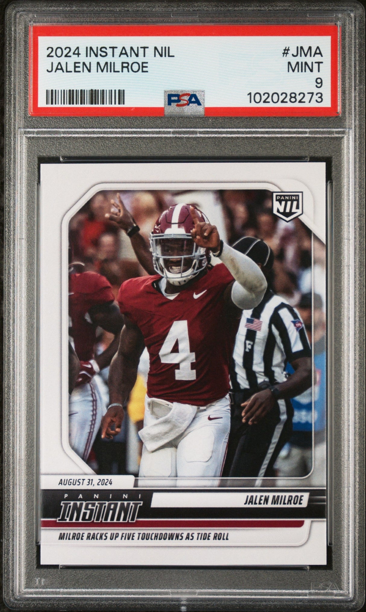Tarjeta de fútbol RC de Jalen Milroe #JMA Rookie de Panini Instant NIL 2024 PSA 9 Mint