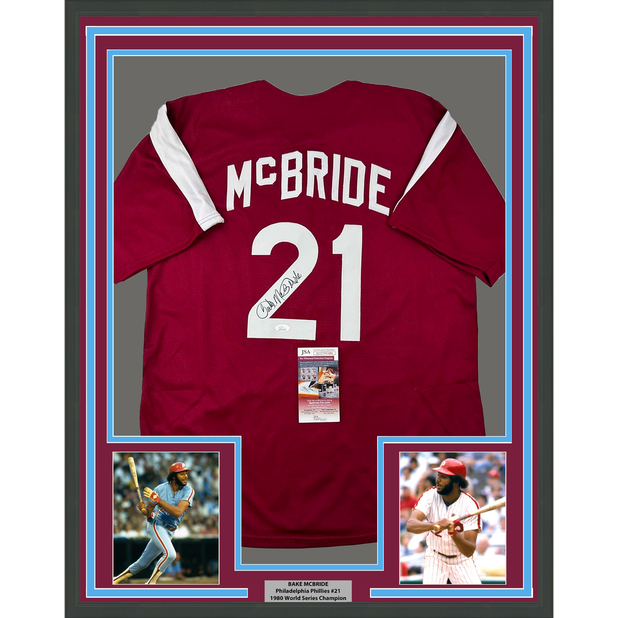 Camiseta de béisbol retro granate de Filadelfia, enmarcada, autografiada y firmada por Bake McBride, 35 x 39, JSA COA