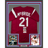 Camiseta de béisbol retro granate de Filadelfia, enmarcada, autografiada y firmada por Bake McBride, 35 x 39, JSA COA