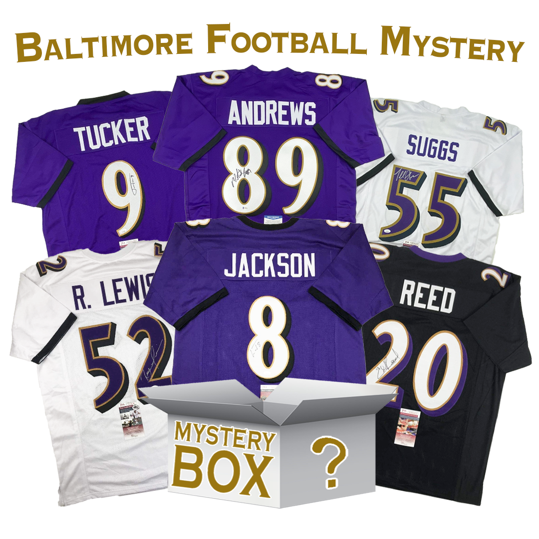 Caja misteriosa de camisetas de fútbol americano de Baltimore autografiadas/firmadas con PSA JSA o Beckett COA 