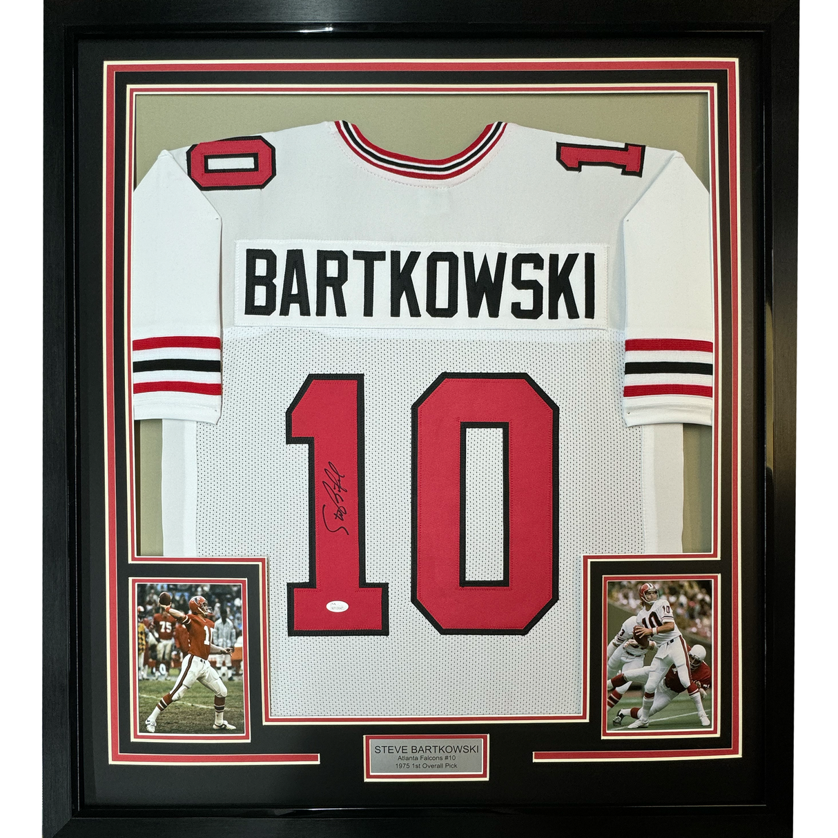 Camiseta de fútbol americano de Atlanta blanca, enmarcada, autografiada y firmada por Steve Bartkowski, 35 x 39, JSA COA