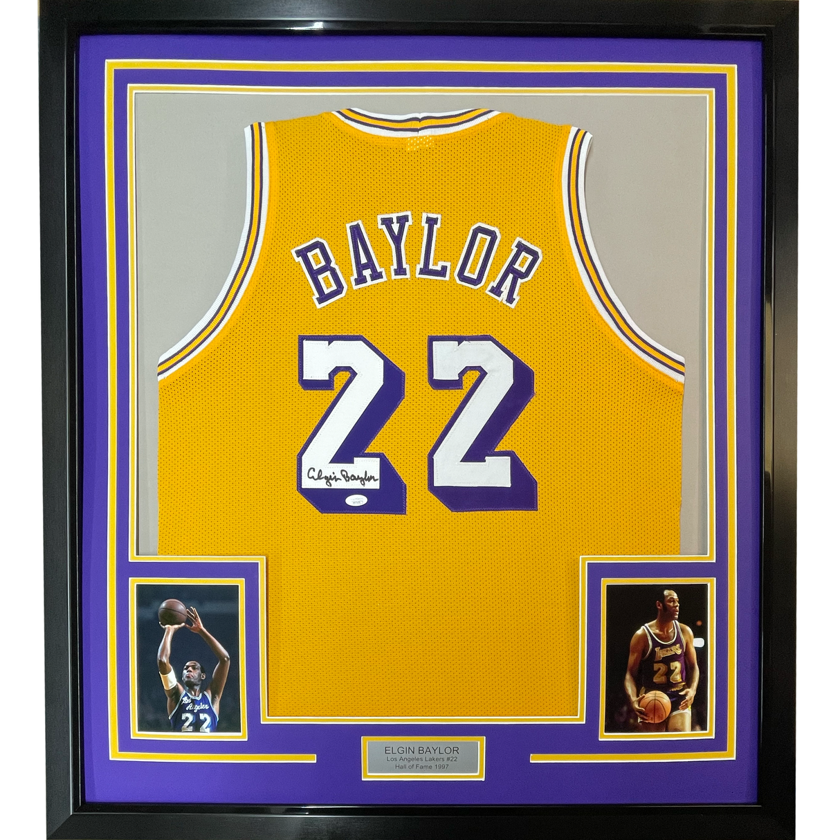 Camiseta de baloncesto amarilla de Los Ángeles LA de 35 x 39, enmarcada, autografiada y firmada por Elgin Baylor, JSA COA