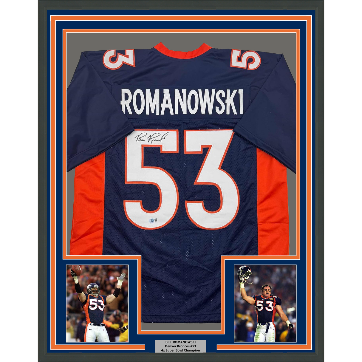 Camiseta de fútbol azul de Denver Beckett BAS COA enmarcada, autografiada y firmada por Bill Romanowski, 35 x 39