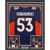 Camiseta de fútbol azul de Denver Beckett BAS COA enmarcada, autografiada y firmada por Bill Romanowski, 35 x 39