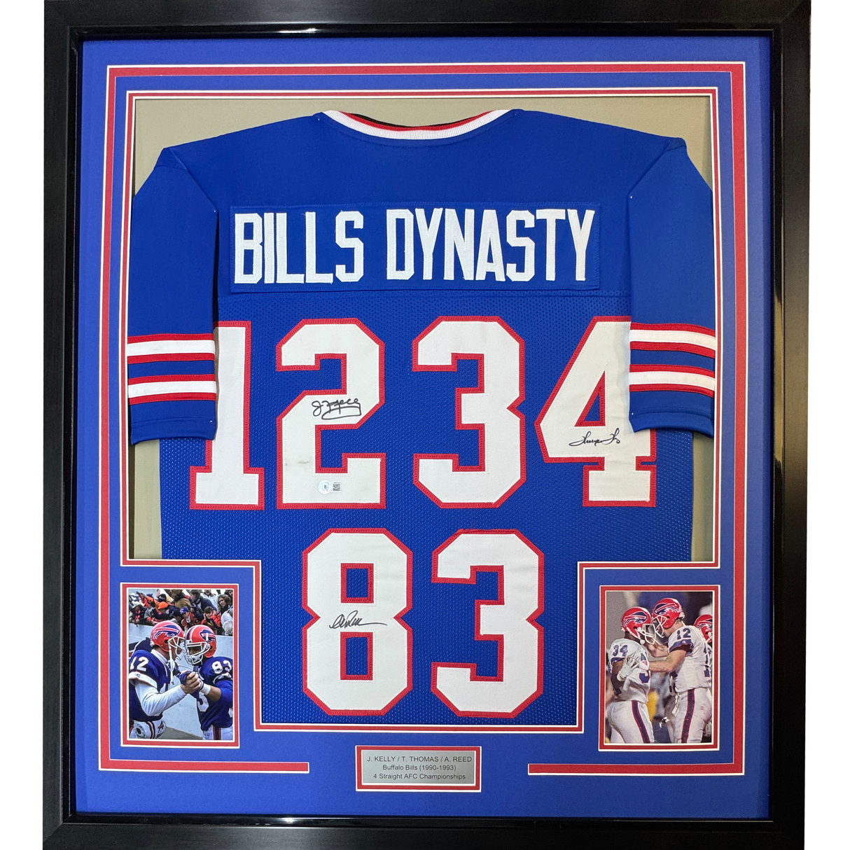 Camiseta de fútbol americano azul dinastía enmarcada, autografiada y firmada por Jim Kelly Thurman, Thomas Andre Reed, Buffalo, 35 x 39, JSA COA