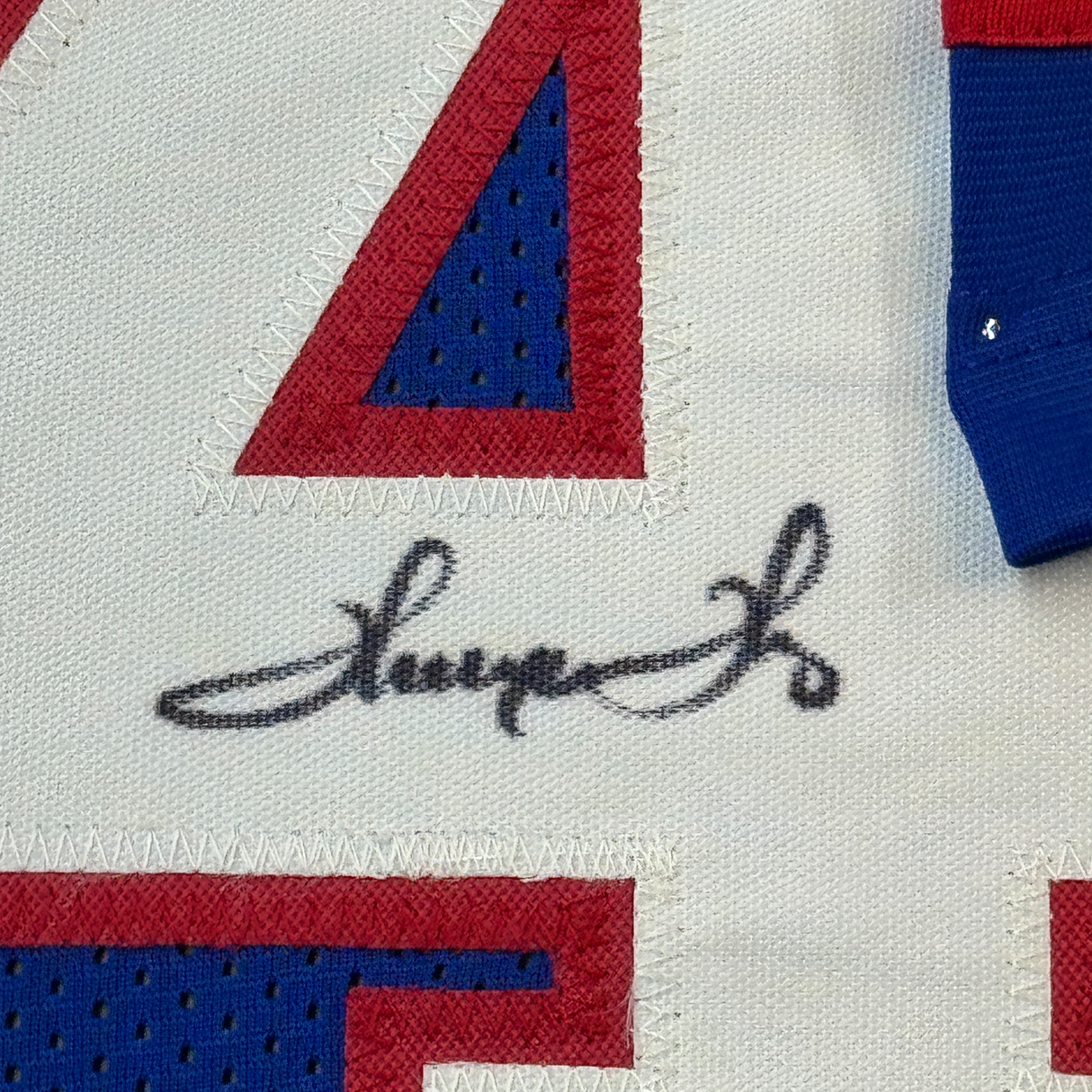 Camiseta de fútbol americano azul dinastía enmarcada, autografiada y firmada por Jim Kelly Thurman, Thomas Andre Reed, Buffalo, 35 x 39, JSA COA