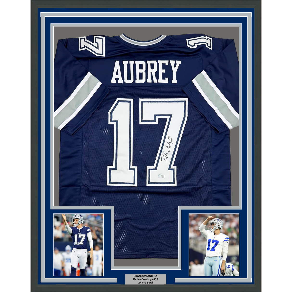 Camiseta de fútbol azul Dallas Beckett BAS COA enmarcada, autografiada y firmada por Brandon Aubrey, 35 x 39