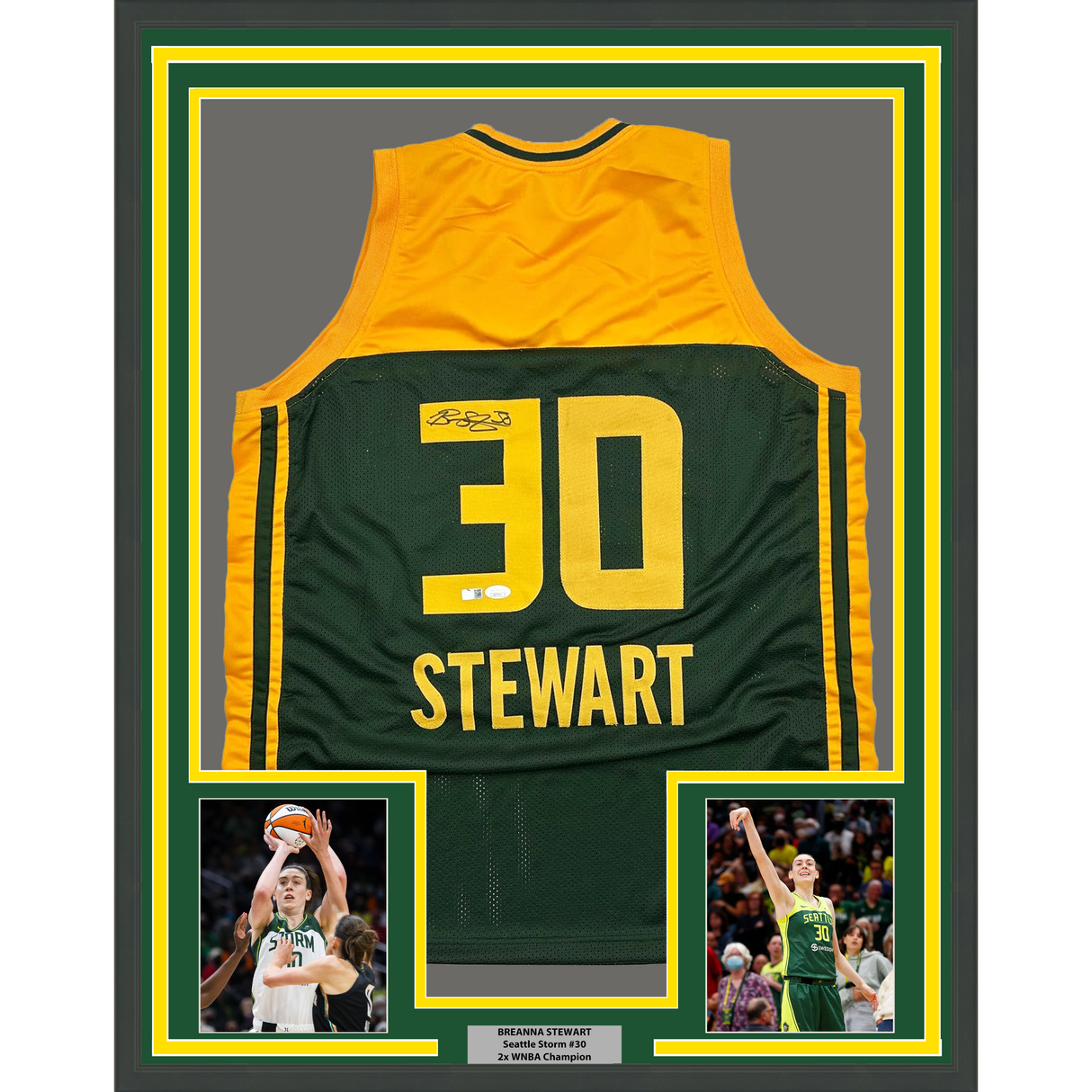 Camiseta de baloncesto verde Seattle de 35 x 39, enmarcada, autografiada y firmada por Breanna Stewart (JSA COA)