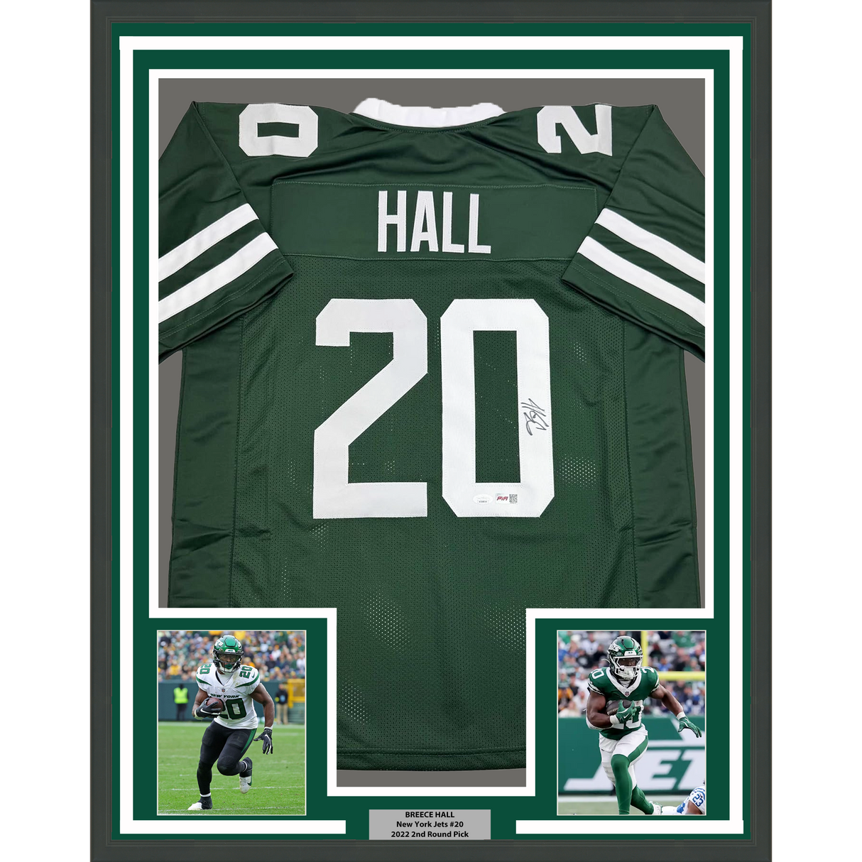 Camiseta de fútbol verde de Nueva York de 35 x 39, enmarcada, autografiada y firmada por Breece Hall, JSA COA