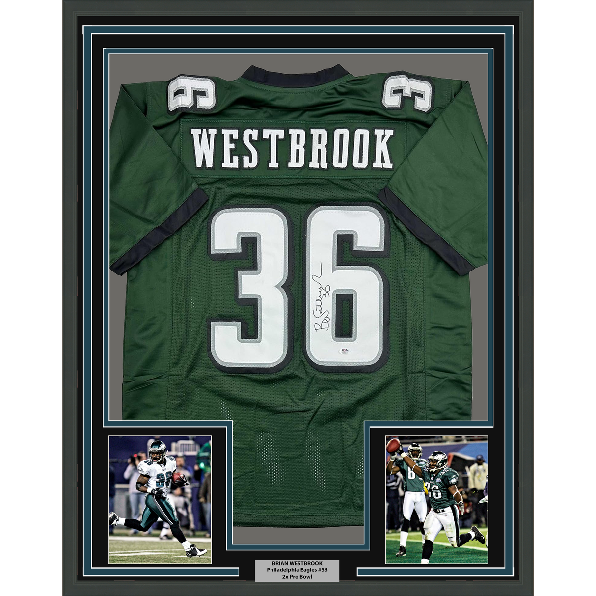 Camiseta de fútbol americano verde Filadelfia de 35 x 39, enmarcada, autografiada y firmada por Brian Westbrook. PSA/CÓDIGO DE ADN.
