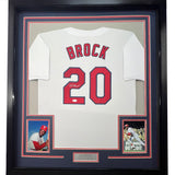 Framed Autographed/Signed Lou Brock 35x39 St. Louis White Baseball Jersey JSA COA