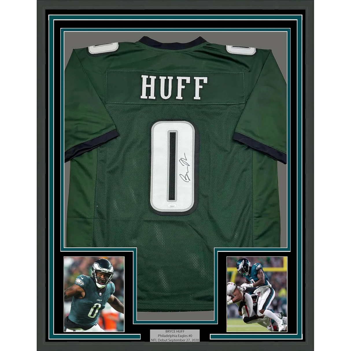 Framed Autographed/Signed Bryce Huff 35x39 Philadelphia Green Football Jersey JSA COA