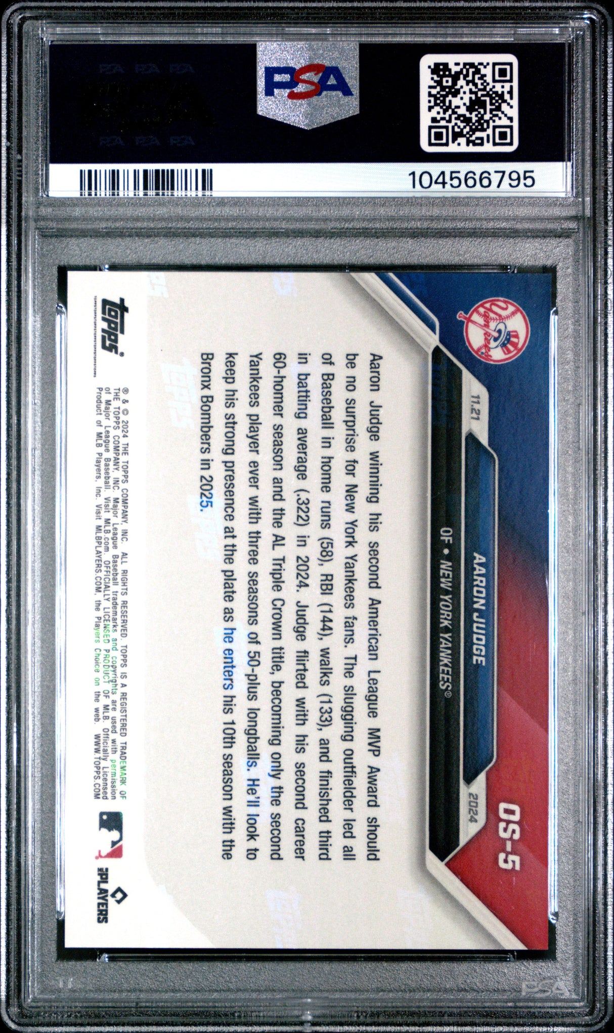 Tarjeta de béisbol de temporada baja de Aaron Judge #OS5 de Topps Now, calificada en 2024, PSA 10 Gem Mint