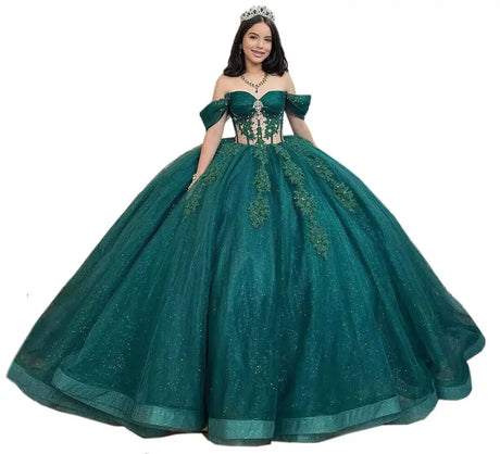 Mouccy Glitter Dark Green Quinceanera Dresses Ball Gown Tulle Beaded Prom Dresses Glitter Pearly Sweet15 16 Birthday Dresses for Teens 6 - Lootquake