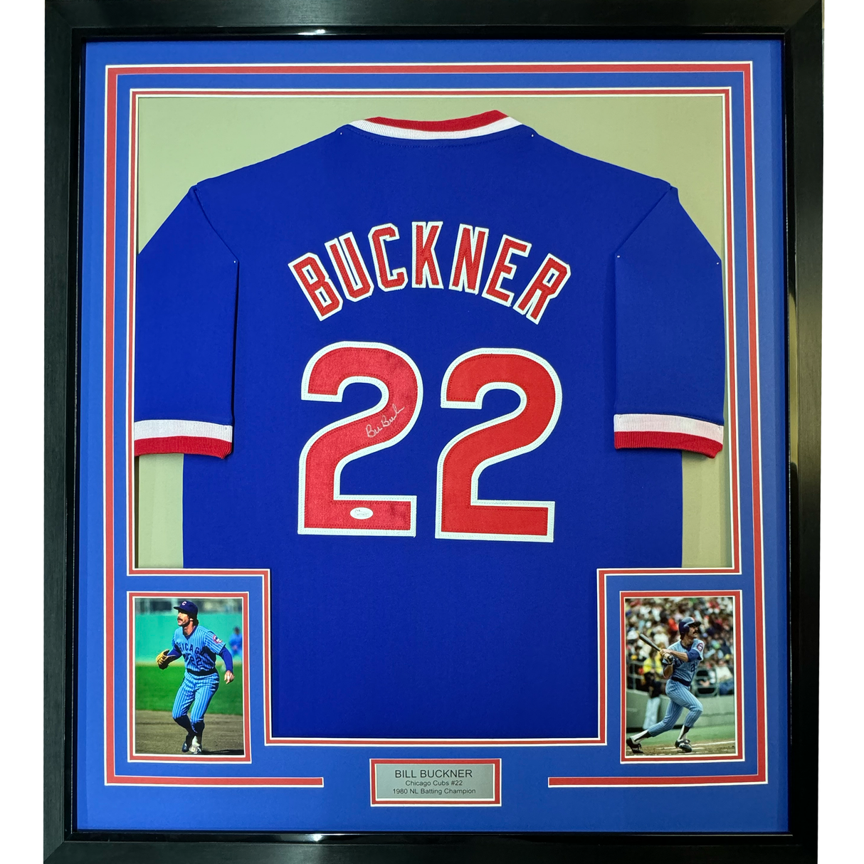 Camiseta de béisbol azul de Chicago de 35 x 39, enmarcada, autografiada y firmada por Bill Buckner (JSA COA)