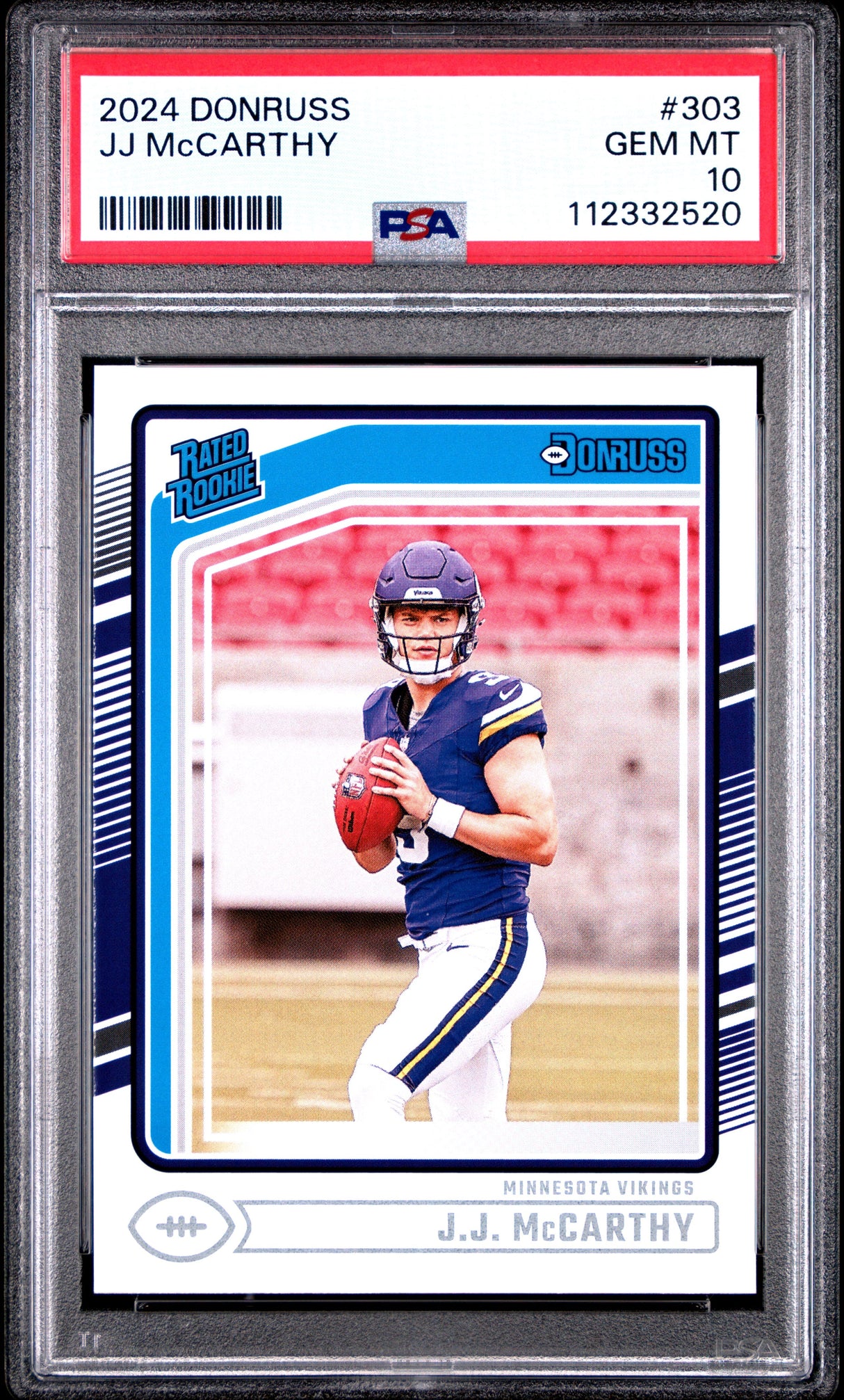 Tarjeta de fútbol RC de novato JJ McCarthy #303 de Panini Donruss, clasificada en 2024, PSA 10 Gem Mint