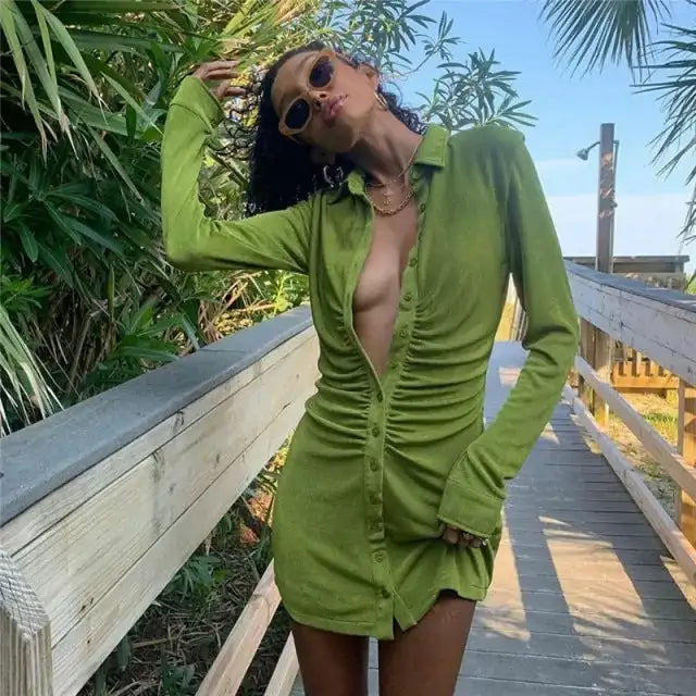 Women Ruched Shirt Dresses - Lootquake
