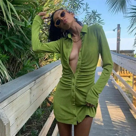 Women Ruched Shirt Dresses - Lootquake