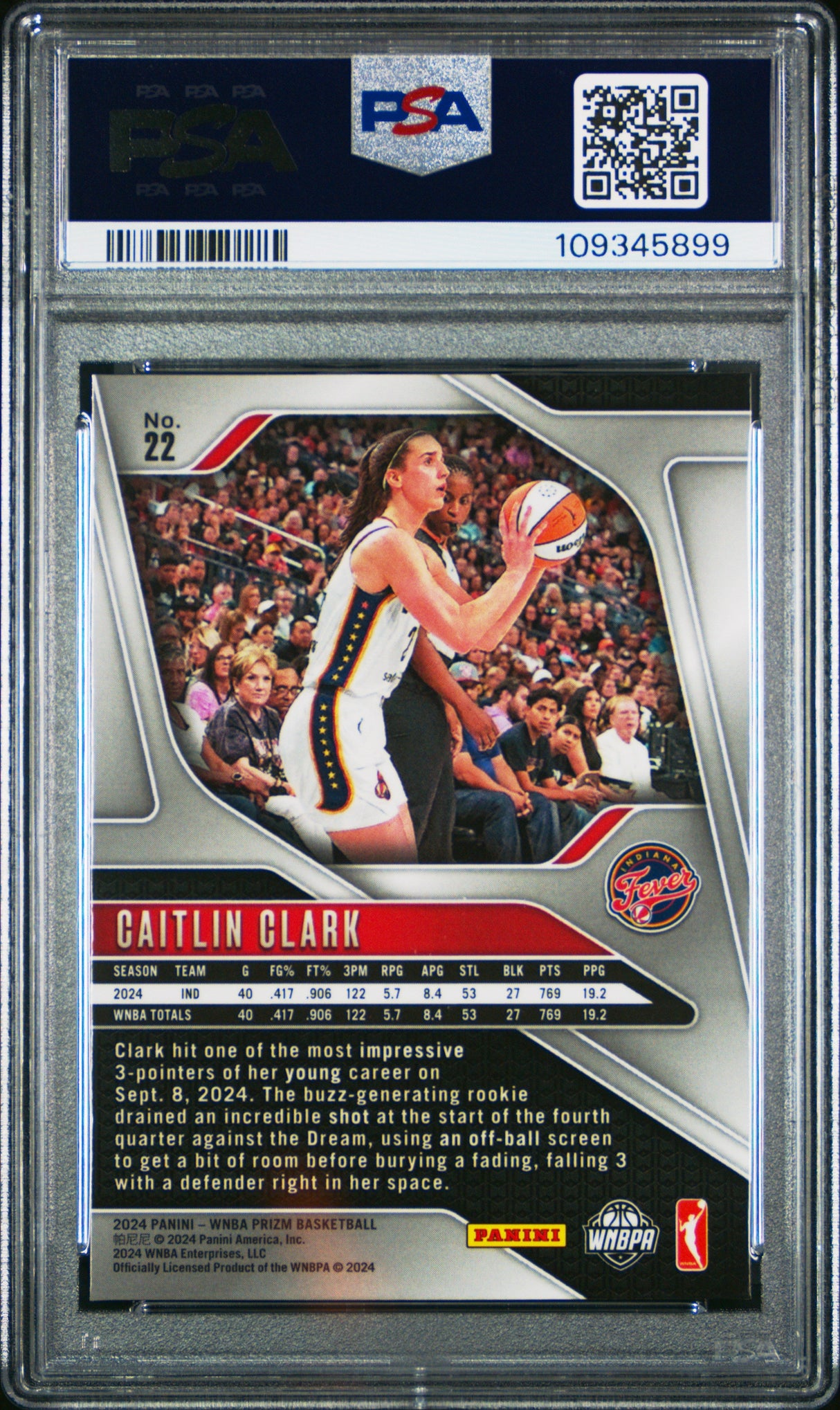 Tarjeta de baloncesto Panini Prizm Caitlin Clark n.° 22 Rookie RC, clasificada en 2024, PSA 9 Mint
