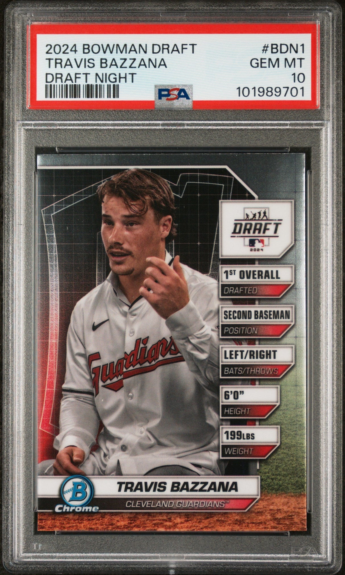 Tarjeta de béisbol RC Travis Bazzana #BDN1 Draft Night Rookie de Topps Bowman Draft 2024 PSA 10 Gem Mint