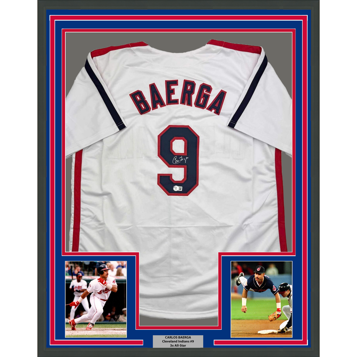 Camiseta de béisbol blanca de Cleveland, enmarcada, autografiada y firmada por Carlos Baerga, 35 x 39, Beckett BAS COA